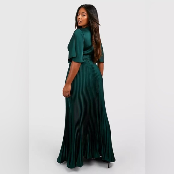 Satin pleated plunge gown occasion emerald maxi dress XL - Picture 4 of 7